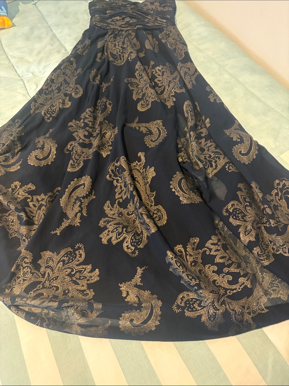 Ralph Lauren Black Maxi dress with Gold Paisley size 6 strap top 2 bottom 53”